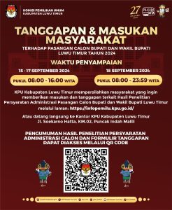 KPU Luwu Timur: Tanggapan dan Masukan Masyarakat Terhadap Paslon Bupati dan Wakil Bupati Luwu Timur Tahun 2024